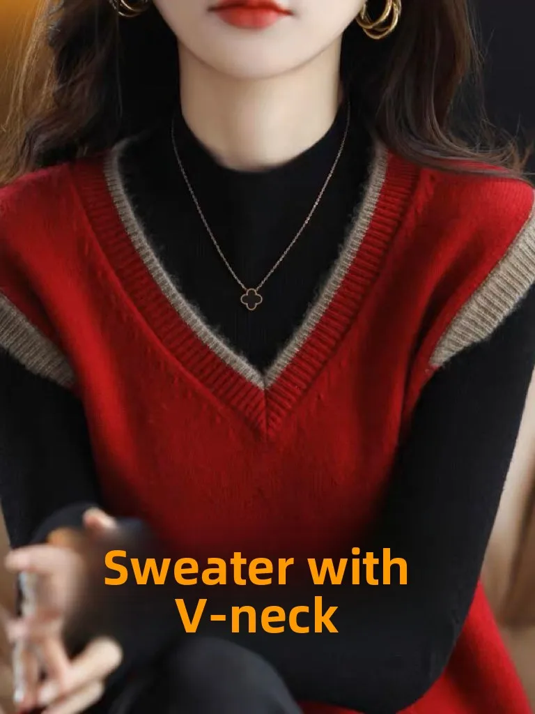 Loose Knitted Sweater Vest Women's Autumn V-Neck Color Block Pullover Base Layer Top Fashion Commute Style Girls' Mid-Age