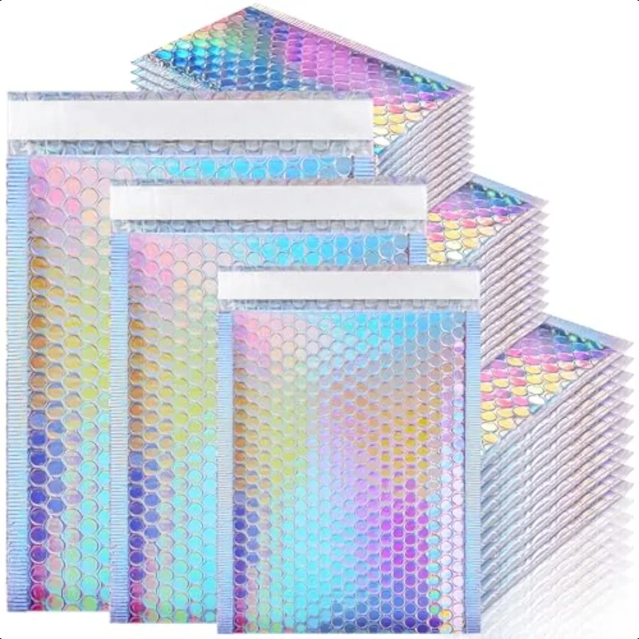 

Bubble Mailers 50 Pack Holographic Bubble Mailers with 3 Sizes Waterproof Self Seal Adhesive Foil Glitter Glamour Shipping Bags