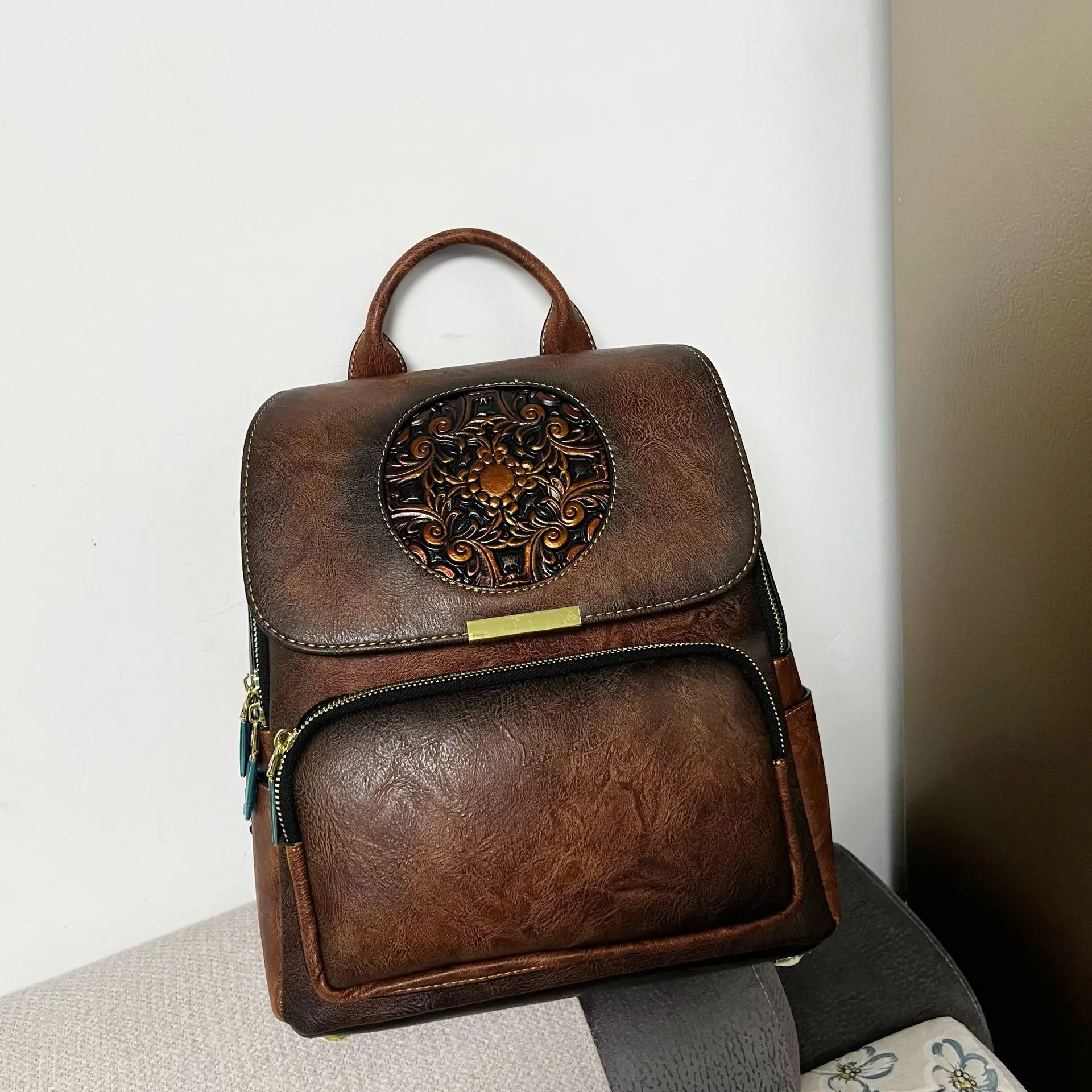 

Винтажный женский рюкзак с тиснением, большая вместимость, водонепроницаемые рюкзаки в китайском стиле, кожаный дорожный рюкзак для работы на природе