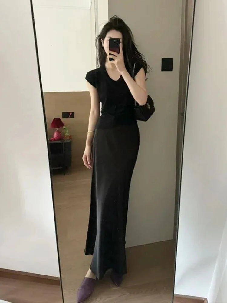 Houzhou elegante schwarze Satin Rock Frauen Mode Straße hohe Taille schlanke Seide lange Trompete Röcke weiblich Büro lässig Herbst