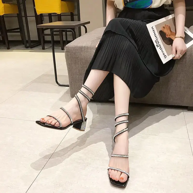 2024 New Sandals Female All-match Korean Version of Fashion Rhinestone Thick Heel Snake Wrapped Roman Shoes