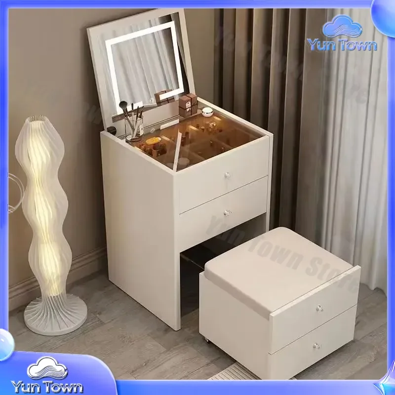 Folding Table for Small Apartment Bedroom Makeup Table Flip Top Modern Minimalist Vanity Desk with Mirror and Integrated
