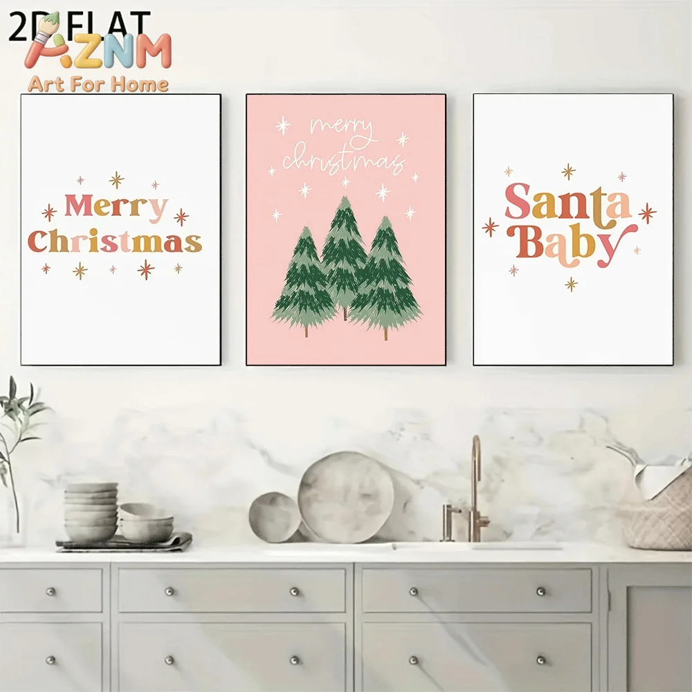 AZNM Boho Pink Christmas Tree Text Quote Canvas Wall Art, Merry Christmas Santa Baby Festive Xmas Colorful Typography Star Decor