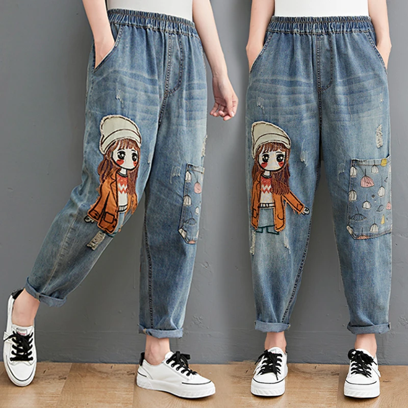 

Джинсы с загорелыми джинсами, старые брюки Харлан с вышивкой и эластичной резинкой на талии, брюки с мультяшным изображением, брюки с девятью точками, большие размеры, женские C...