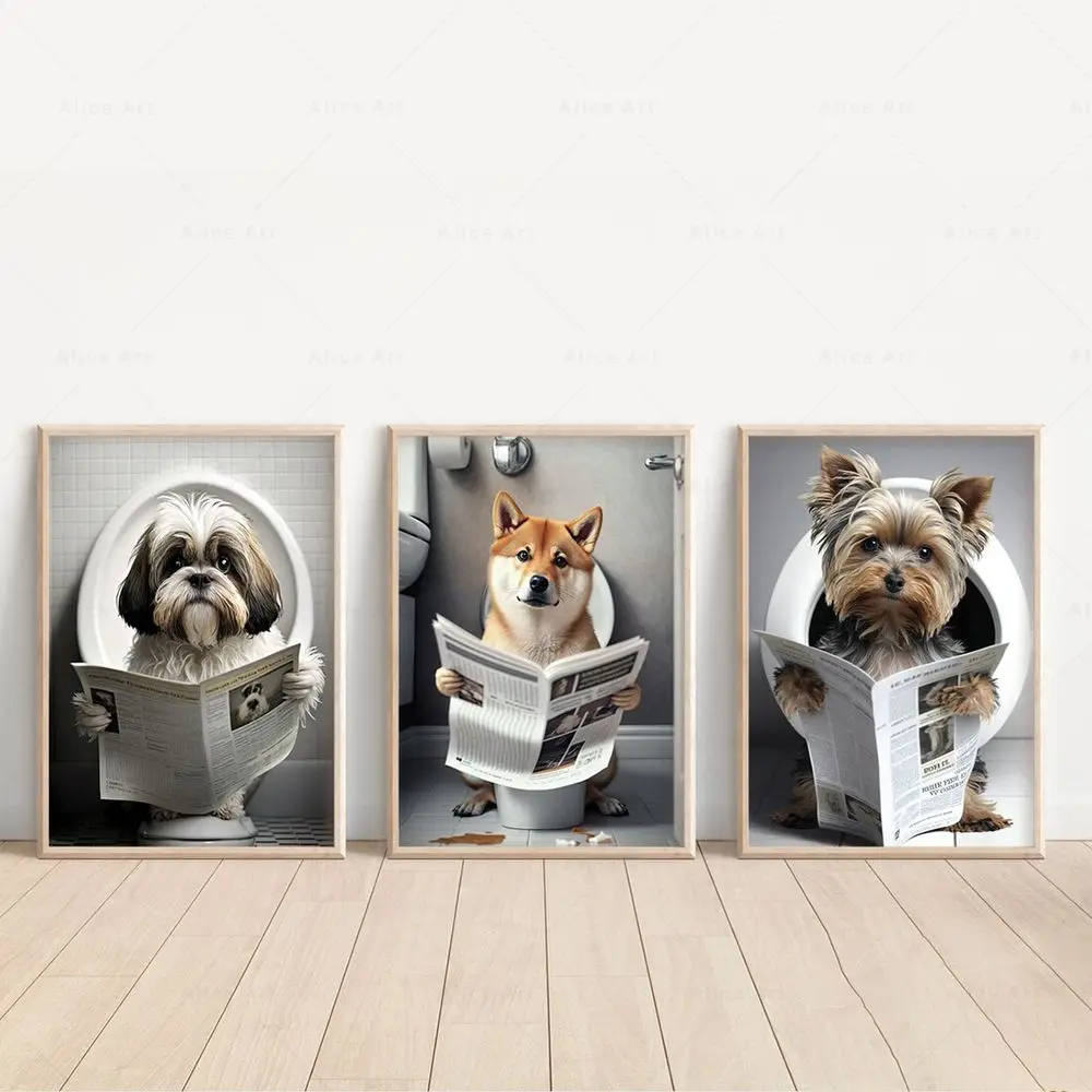 Dog Sitting on the Toilet Reading a Newspaper Canvas Prints Funny Animal Bathroom Wall Art Poster Pictures WC Home Decoration