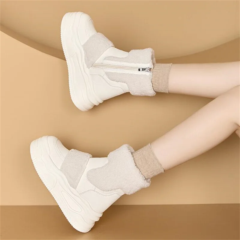 8.5cm Microfiber Leather Fashion Platform Wedge Flats Winter Plush Autumn Spring Warm Women Ankle Booties Shoes Chimney