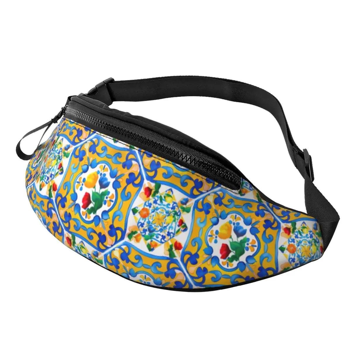 Custom Mediterranean Summer Lemons Italian Tiles Fanny Pack for Men Women Cool Crossbody Waist Bag Hiking Phone Money Pouch