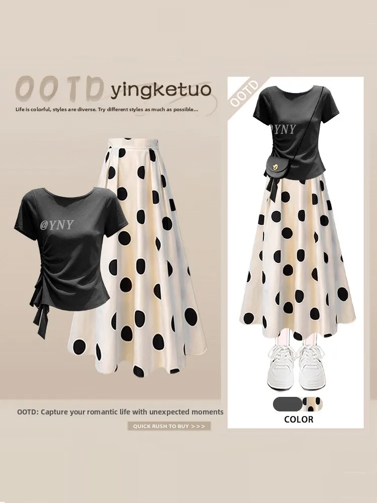

Elegant Polka Dot Outfit Set Women's Summer Short Sleeve Top High Waist Midi Skirt Fashionable Casual Comfortable Ensemble