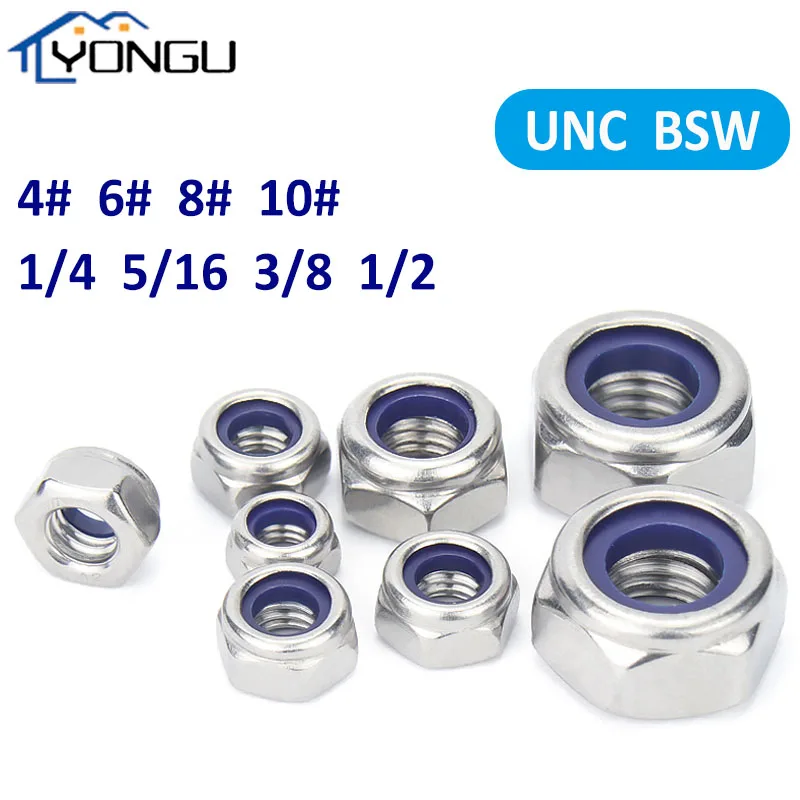 UNC 4# 6# 8# 10# BSW 1/4 5/16 3/8 1/2 Self-locking Nuts Hex Nylon Lock Nut