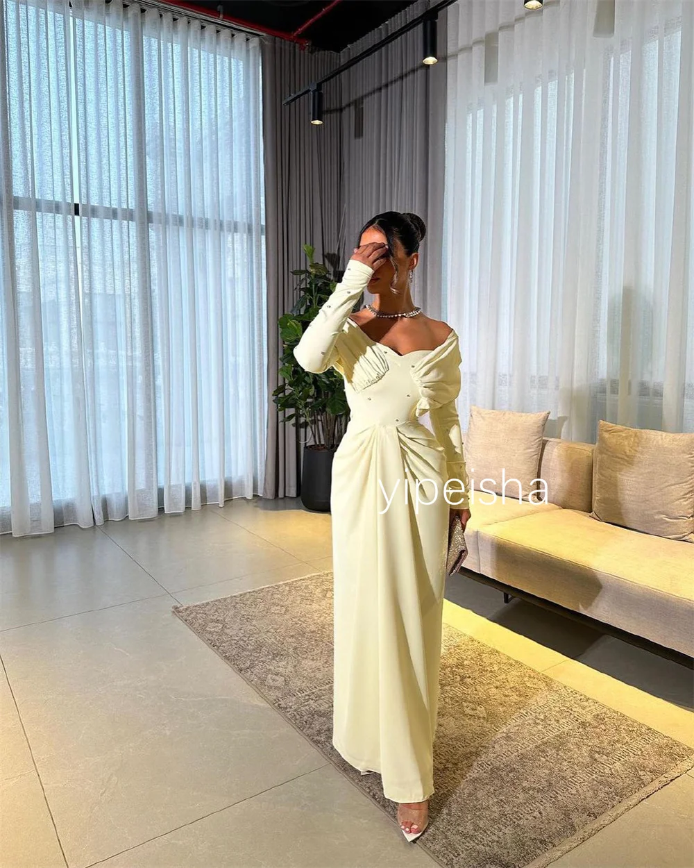 Customized Elegant Jersey Pleat Sequined Straight Off-the-shoulder Long Dresses Homecoming Dresses Chinese Style Exquisite