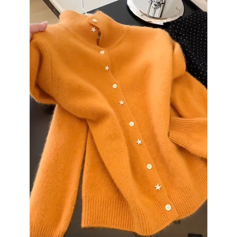 Coreano sle longo sve camisola de malha casaco feminino outono inverno faion versátil emagrecimento aberto cardigan sentimento high end