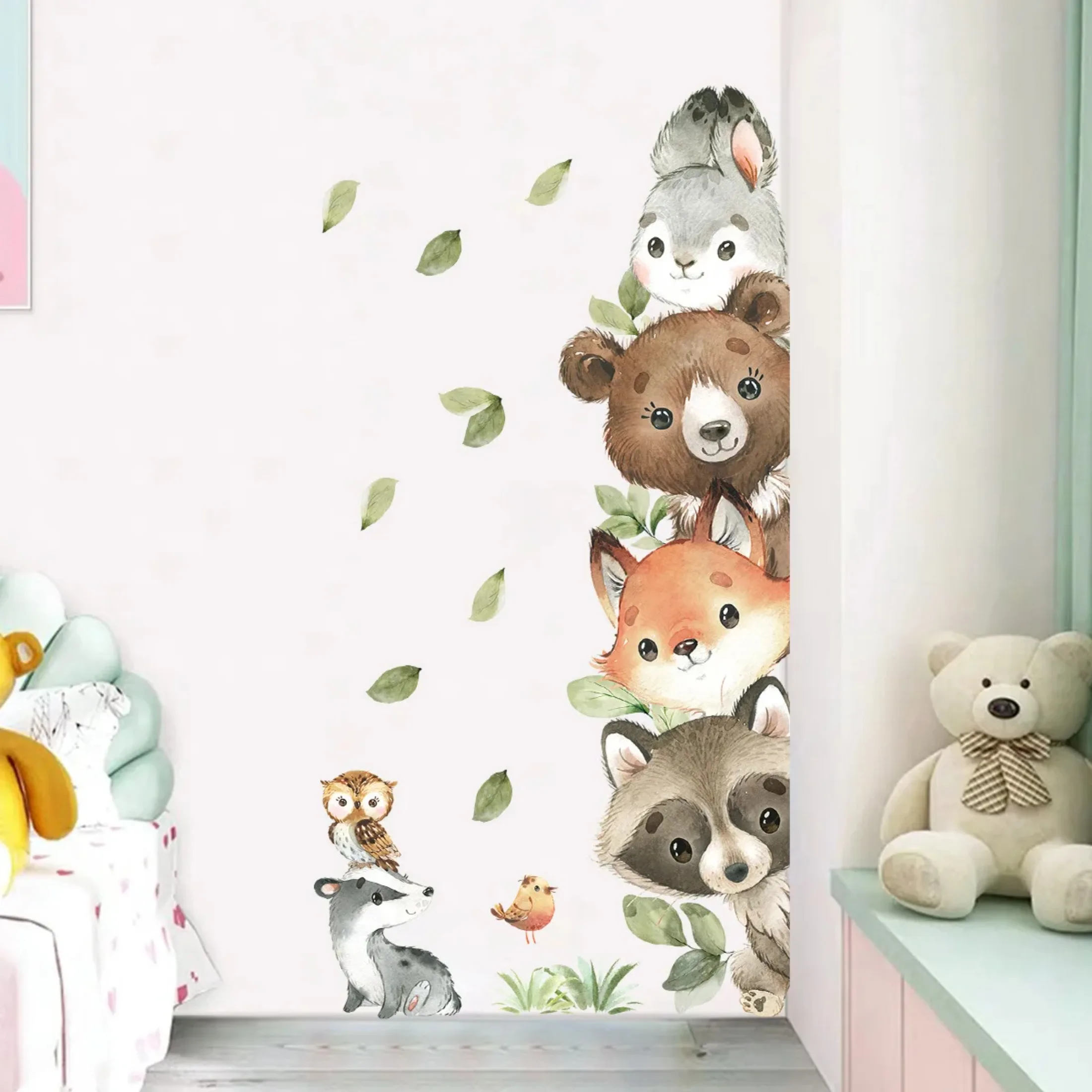 Cartoon Door Stickers Forest Animals Bear Rabbit Watercolor Wall Sticker for Baby Nursery Room Kids Room Wall Decals Home Decor