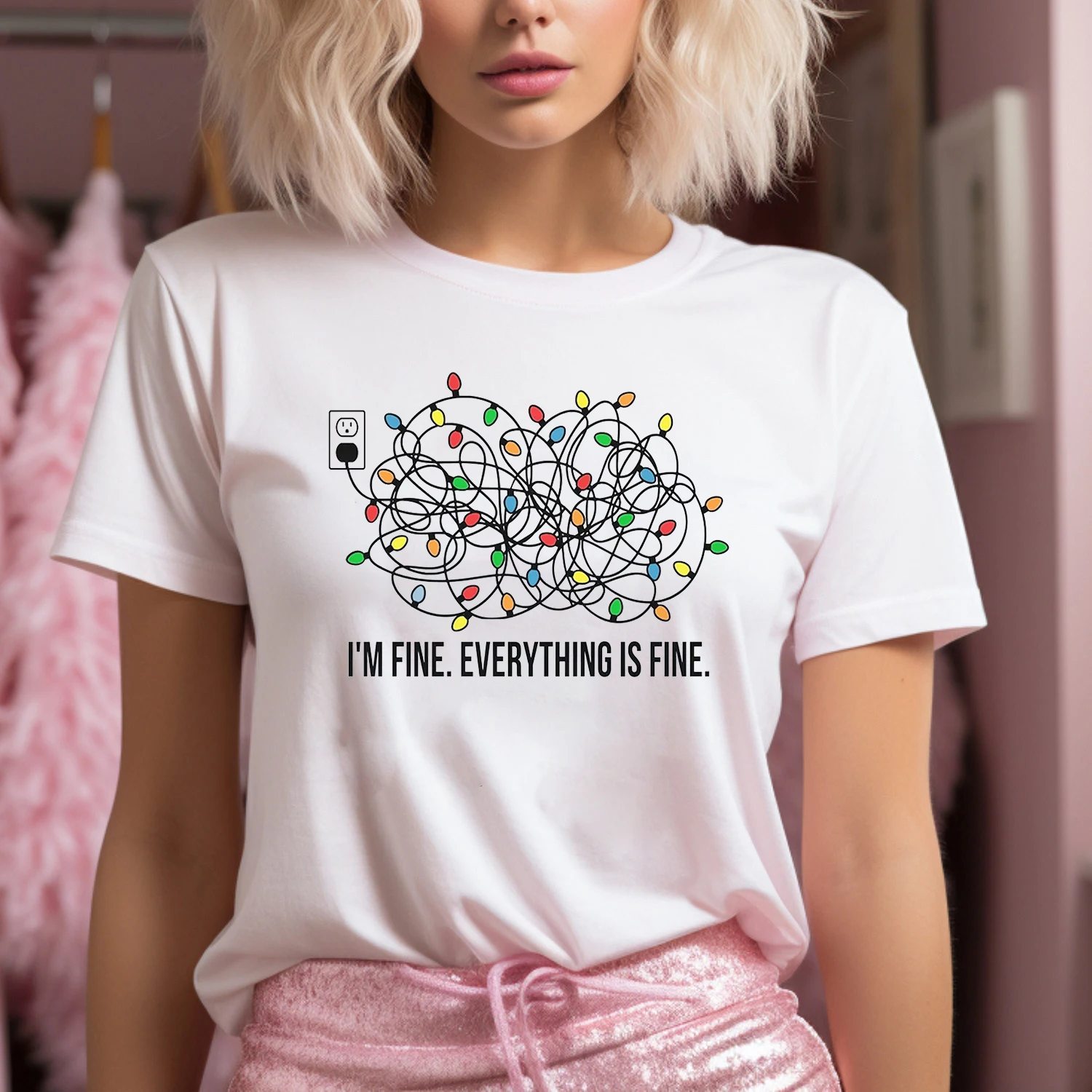 I'm Fine Everything Is Fine Slogan Women T-shirt Vintage Cartoon Lights Print Female Shirt Hot Sale Trend Christmas Girl Tee