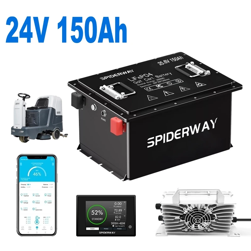 

Commercial Floor Scrubber Lithium Battery 24V 150Ah LiFePO4, 3.84kWh Replacement for Lead-Acid, 6000+ Deep Cycles 200A BMS