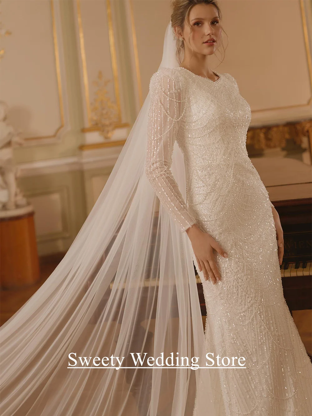 فساتين زفاف سعودية ذيل قابل للانفصال مخصص رقبة مستديرة وأكمام طويلة مطرز بالخرز سويب تراين حورية البحر فستان زفاف