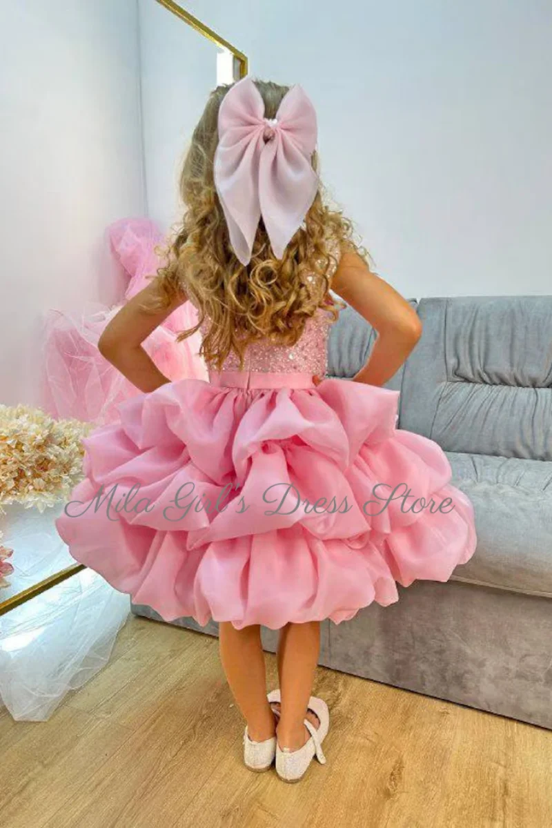 Custom Beaded Sequin Glitter Pink Flower Girl Dresses Sleeveless Knee Length Layered Kids Birthday Party Dress First Communion