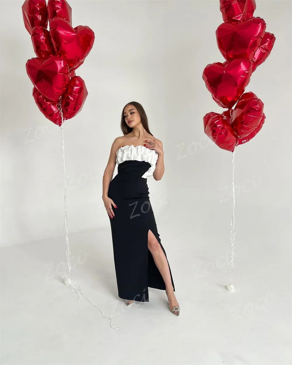 Zoci Strapless Mermaid Prom Party Dresses Customized Black White Long Women Evening Gowns High Slit Formal Engagement Dress