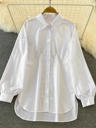 Women's Youth Elegant Shirt 2024 New White Lantern Sleeves Fashion Polo Collar Single Breasted Luxury Blusas Para Mujer