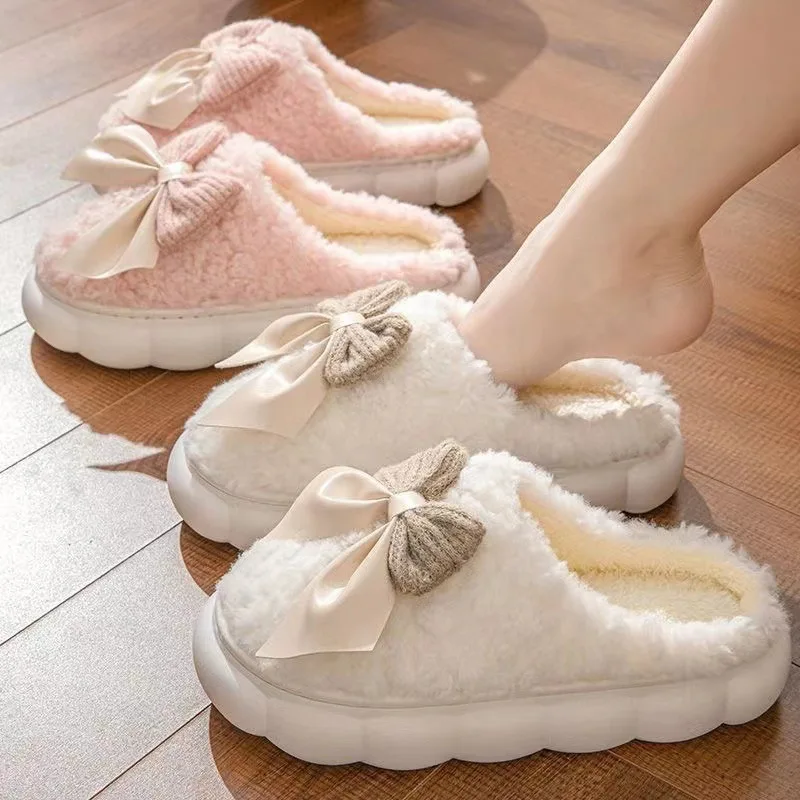 Winter Cute Butterfly Cotton Slippers for Women Non Slip Thick Sole Fluffy Indoor House Shoes Warm Maternity Home Footwear image 4