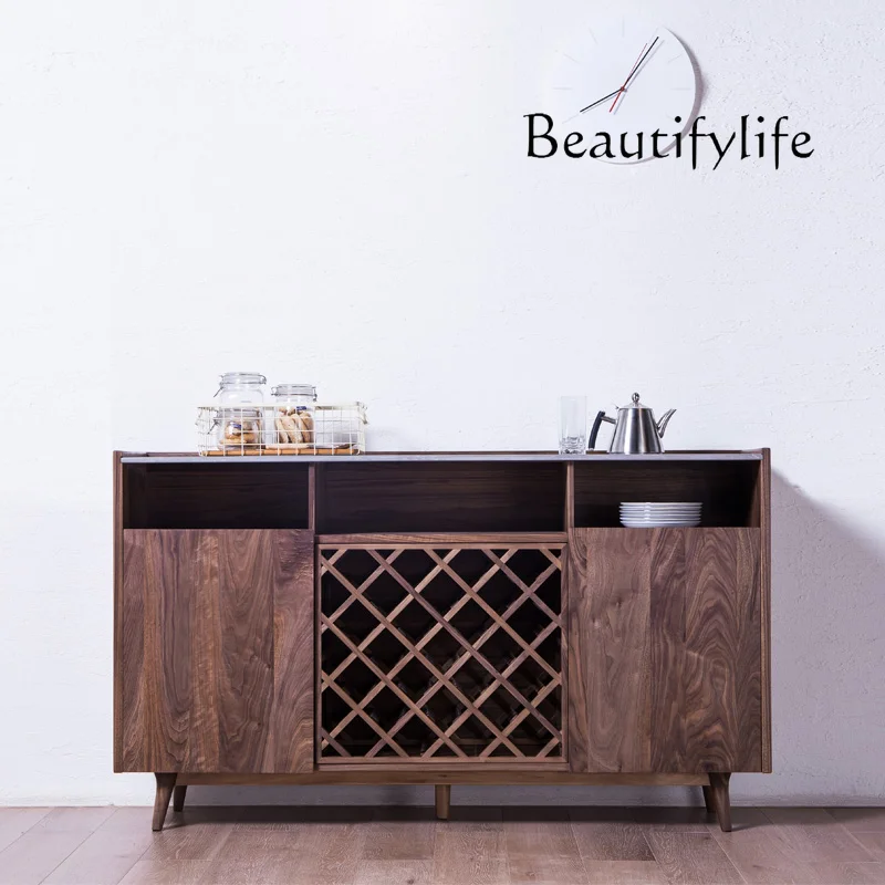 Italian Minimalist Black Walnut Solid Wood Sideboard Modern Minimalist Restaurant Marble Equipment Sideboard