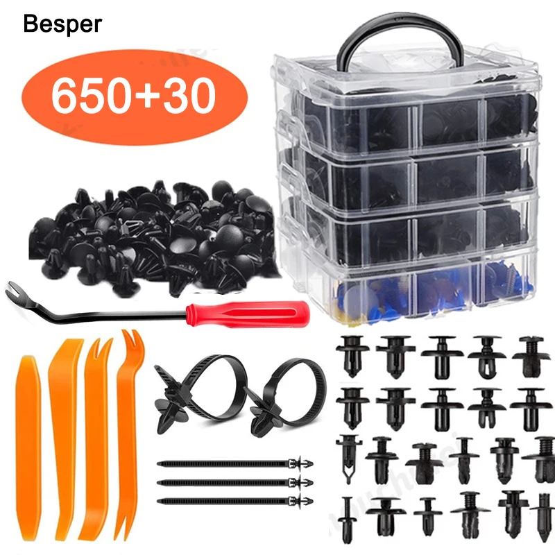 Besper 650個カーファスナークリップ車体プッシュリテーナーピンリベットバンパードアトリムパネルリテーナーファスナーキット取り外しツール