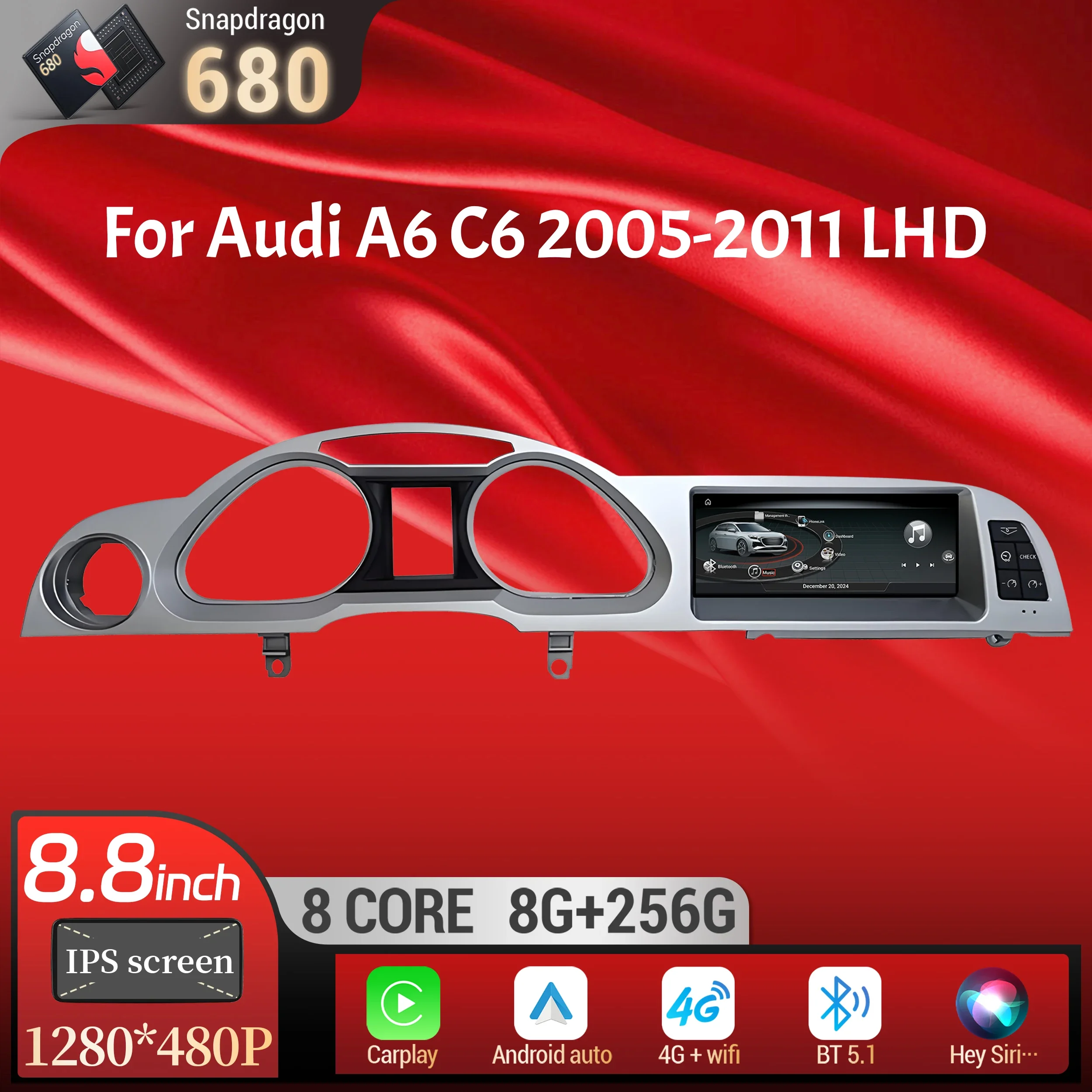 8.8 inch Left Hand Drive Android 13 For Audi A6 C6 2005-2011 Car Radio Wireless BT Carplay Qualcomm Snapdragon 680 Touch Screen