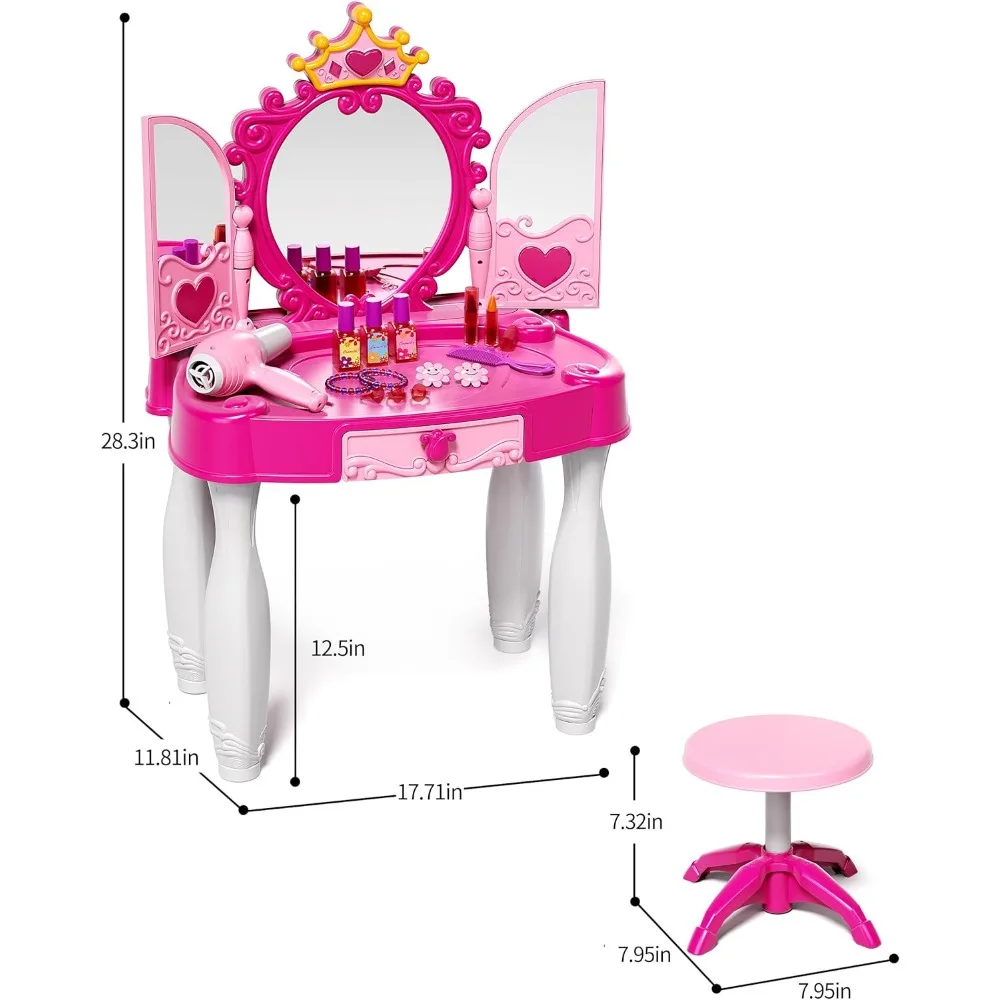 مجموعة مكياج للفتيات مع مرآة وكرسي وأضواء وموسيقى - طاولة تلبيس للأطفال الصغار من عمر 3-5 سنوات