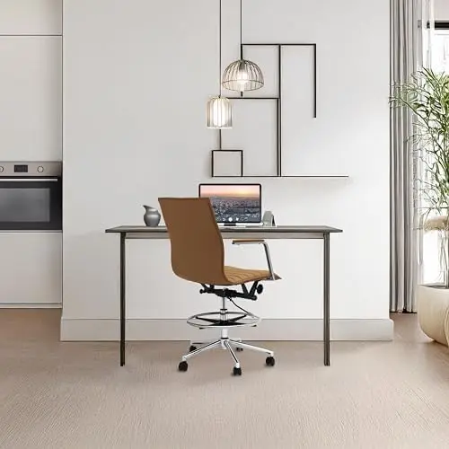 Modern Drafting Chair | Upholstered PU Leather Ribbed | Tall Adjustable Swivel Base with Leg Rest and Tilt Lock for