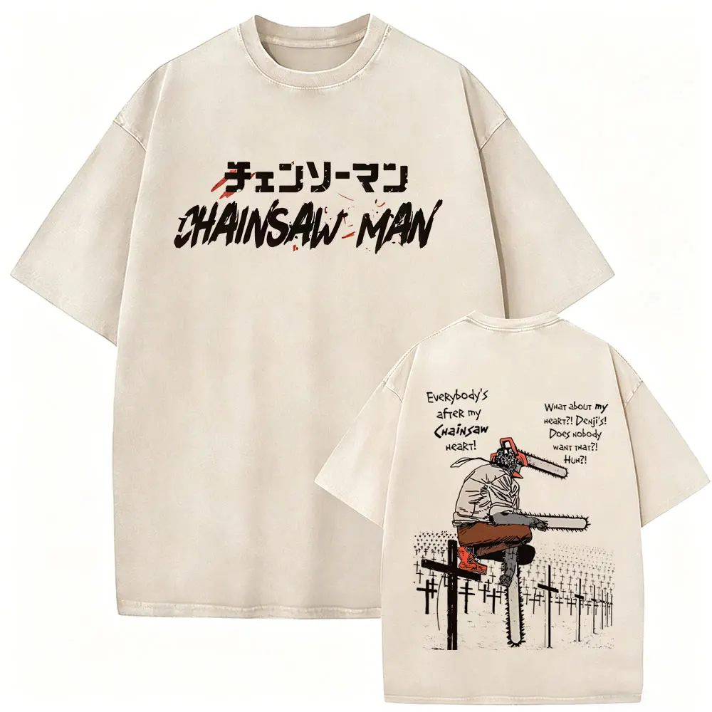 Anime Chainsaw Man Washed Retro T-shirt Cartoon Denji Pochita Funny Graphic T Shirts Men Women Manga Vintage Oversized T-shirts