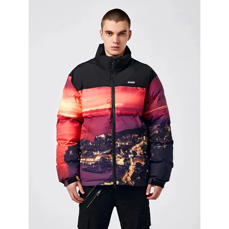 Men Winter Parkas Sunset City Printed Padded Puffer Jackets Black Thicken Warm Coat Streetwear Hip Hop Man Parkas Coats