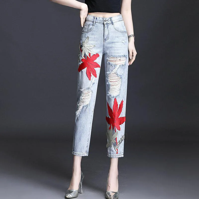 2024Autumn New Ankle-Length Dad Jeans Jeans Loose All-Match Ripped Beggar Pants Slimming Embroidered Straight-Leg Pants