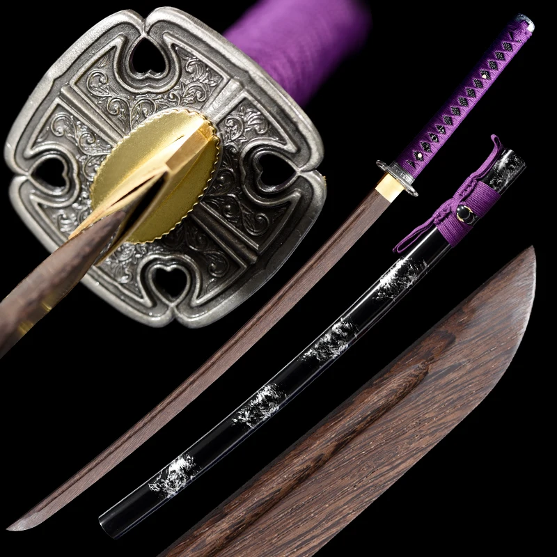 Handmade Purple Japanese Samurai Katana Real Wooden Swords Wood Blade Full Tang Battle Ready for Practice Iaito with Nice Saya