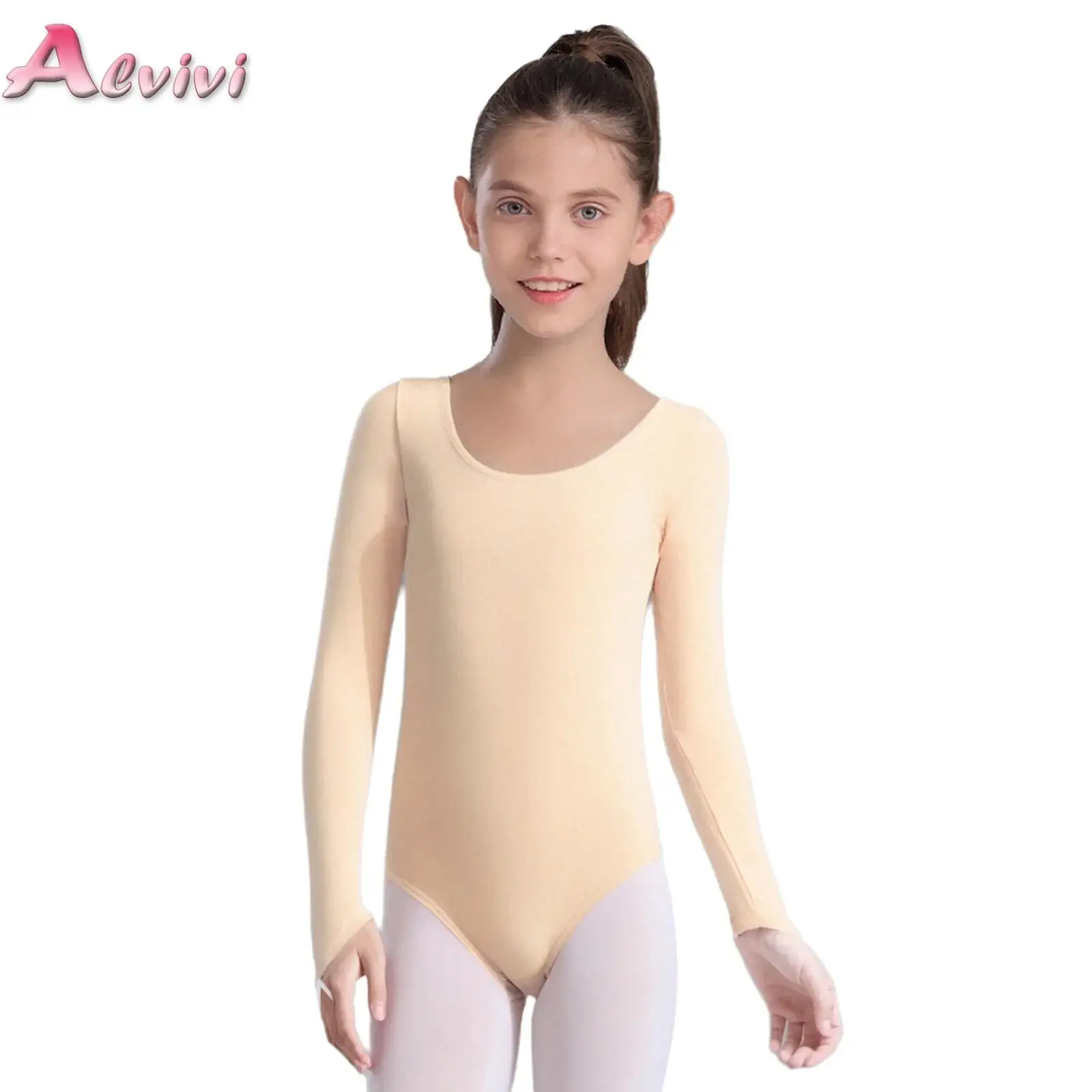 

Kids Girls Gymnastics Dance Leotard Underwear Long Sleeves Finger Holes Basic Bodysuit for Ballet Warm-Up Practice Performance