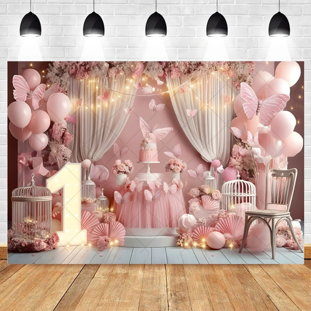 Pink Flower Butterfly Girl 1st Birthday Party Backdrop for Photography Balloon Cake Smash Baby Shower Birthday Photo Background