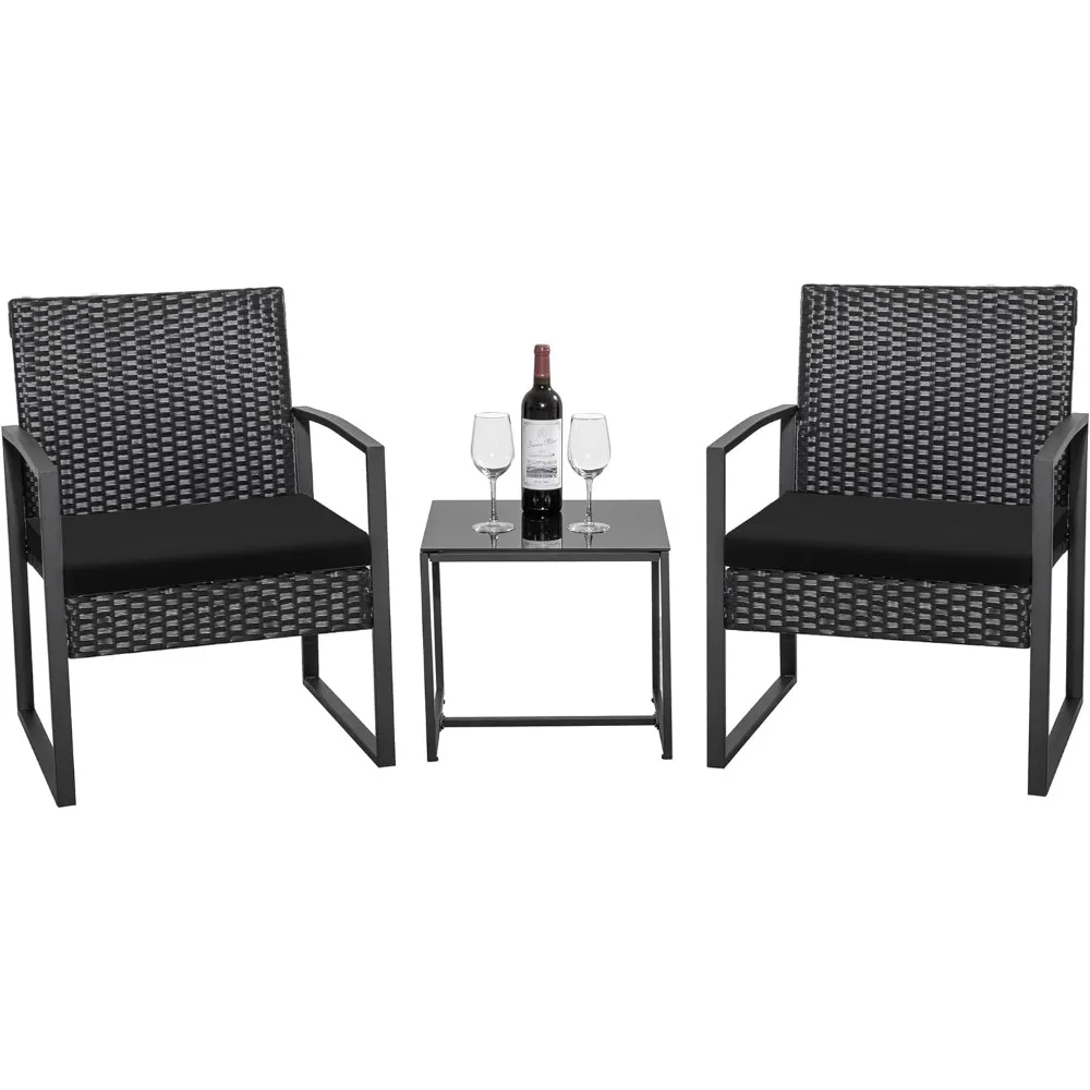 Balcony 3 Piece Furniture Table Garden Backyard Outdoor Patio Use Porch Chairs Cushioned PE Wicker Bistro Set Rattan (Black)