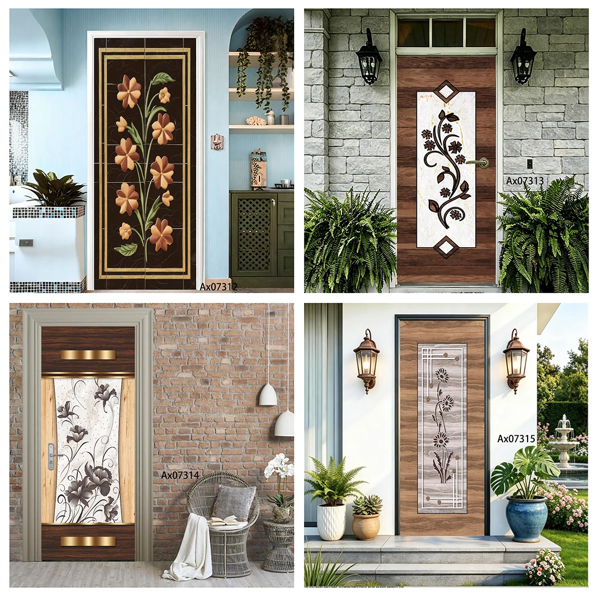 Full Cover Adhesive - Retro Floral Wood Marble Door Sticker