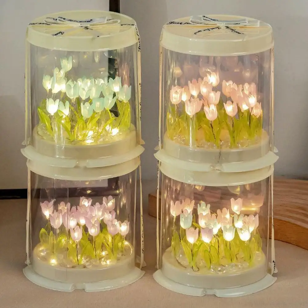ضوء الليل توليب، مصباح مرآة LED DIY أضواء زينة المنتج النهائي زهرة اصطناعية مصباح طاولة بجانب السرير هدية إبداعية