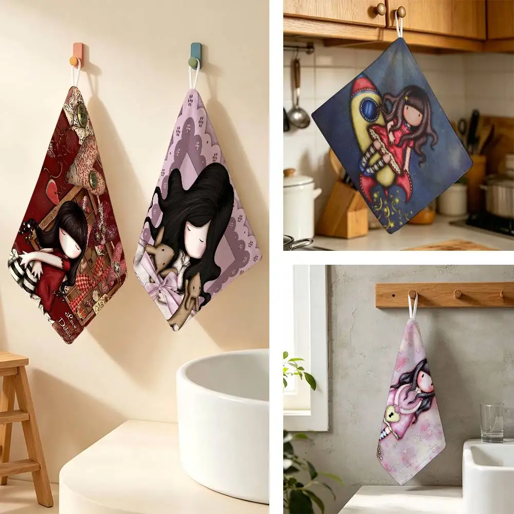 Cartoon S-Santoro Gorjuss Polyester Cotton Hanging Kitchen Towel Skin Friendly Hand Wiping Towel For Hotel Cafe Household