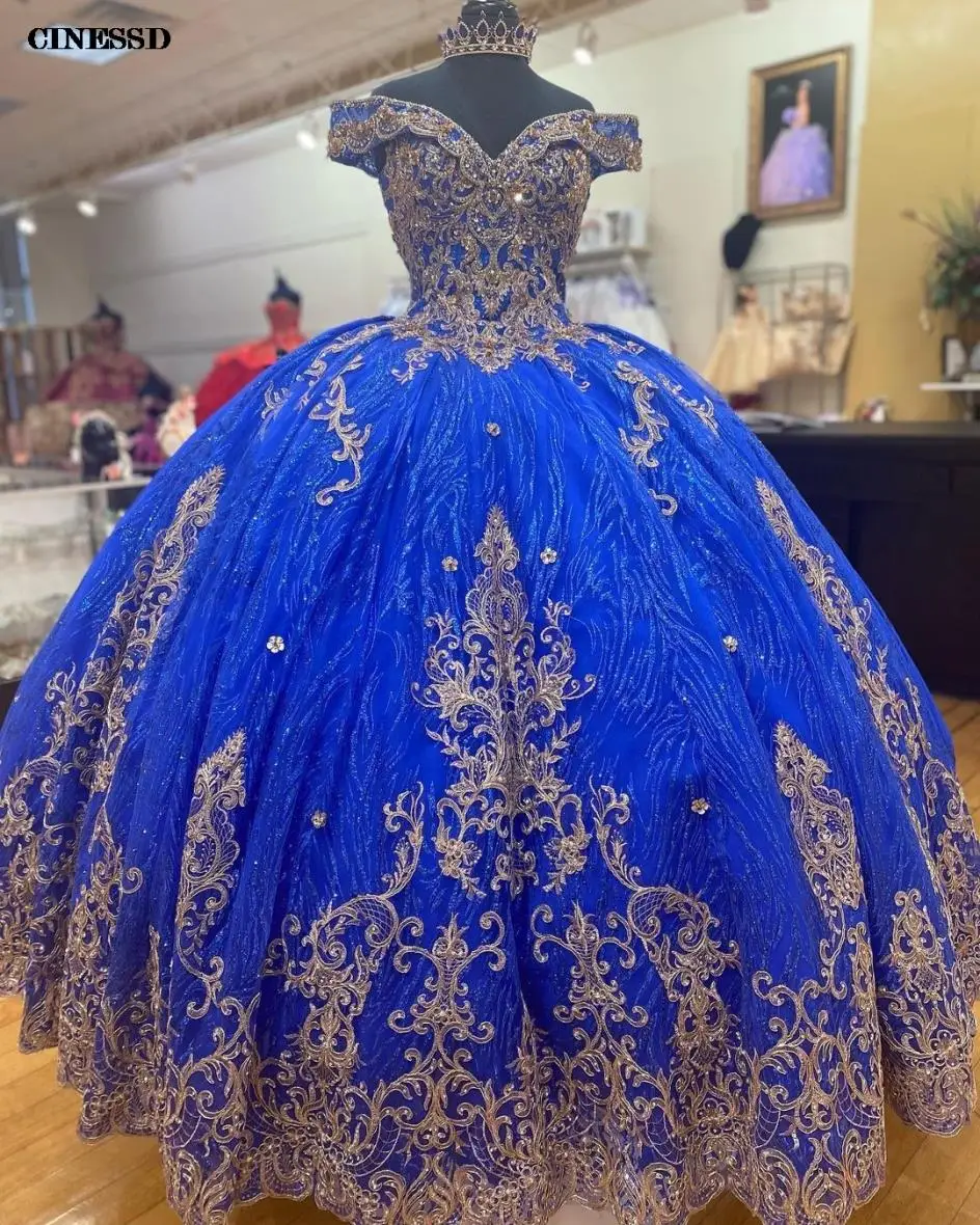 

Royal Blue Gold vestidos de 15 años 2022 Puffy Quinceanera Dress Red Sweet 16 Dresses Off-the-Shoulder Long Prom Gown Sequin