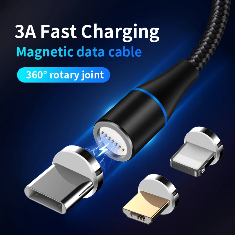Magnetic Charging USB Cable 3A Super Fast Charge Cable 360 Degree Rotate Micro USB Type C Cord Phone Charger Wire Magnet Cable