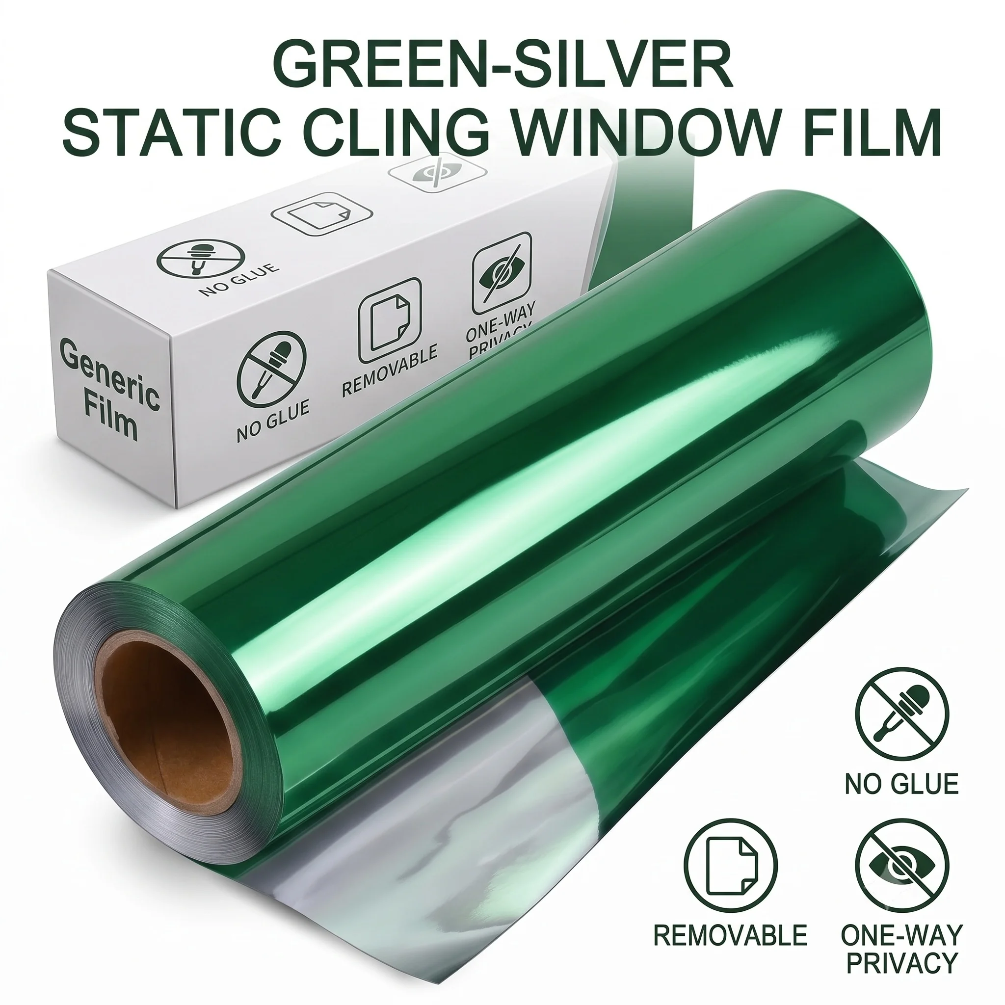 90cm X 1/2/3/500cm Green Silver Static Cling Window Film - No Glue Applied Daytime One-Way Privacy Tint Heat UV Block Removable