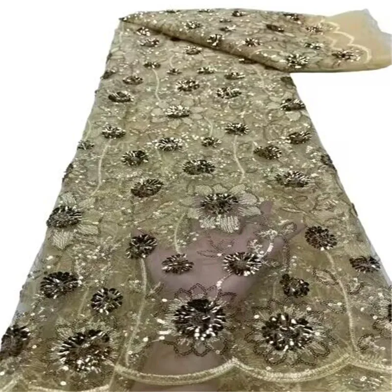 

2023 Gold 3D Flower Lace Fabric With Pearls High Quality French Embroidery Tulle African Fabric For Wedding Party Dress Sewing