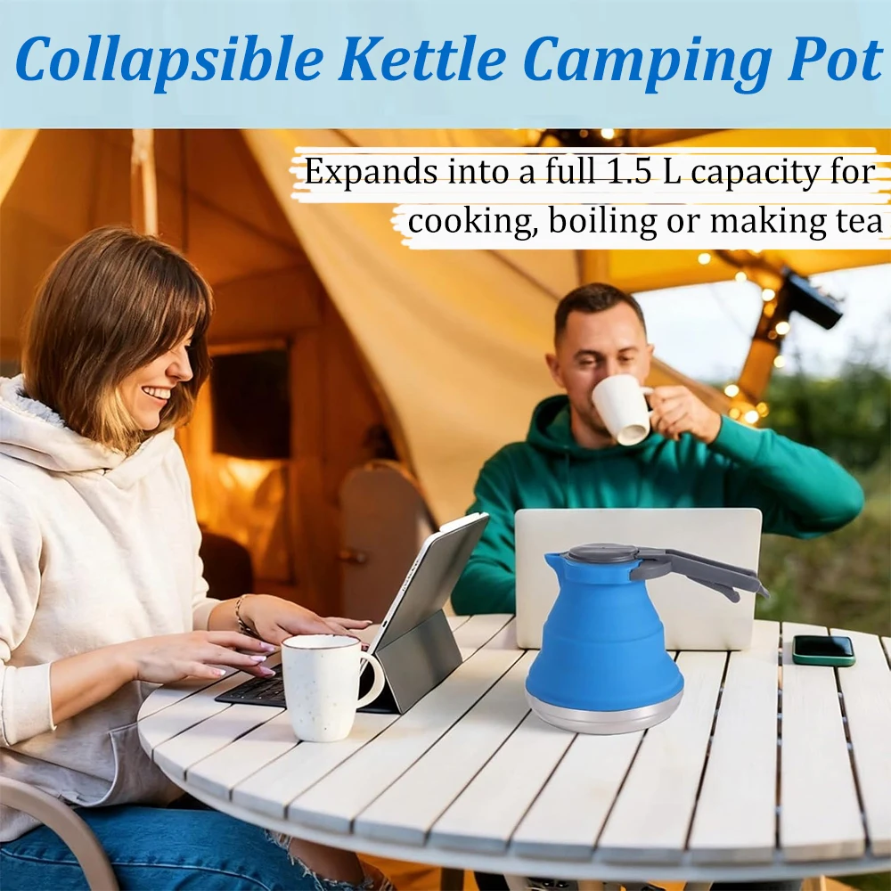 1500ml Collapsible Silicone Kettle Portable Camping Pot with Anti-Scald Handle Stainless Steel Base Foldable Travel Tea Kettle view 5