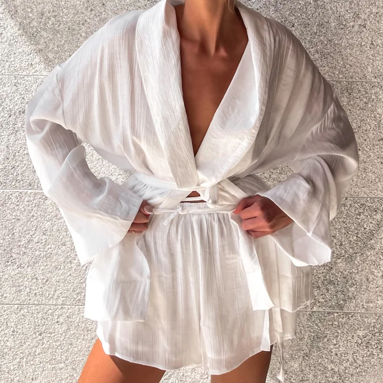 White Women Nightgown Suit Long Sleeve Robe Turn-Down Collar Bathrobe Lace Up Pajama Shorts Casual Ladies Nightie Set