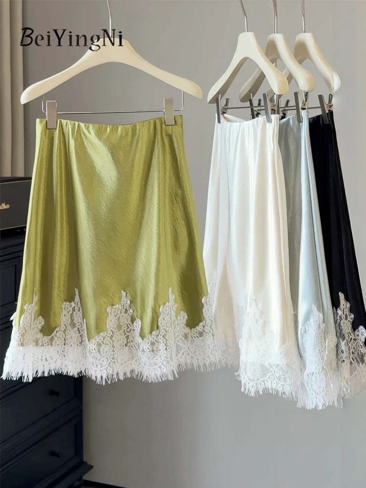 Beiyingni Lace Patchwork Short Skirts for Women Elegant Office Ladies High Waist A-line Skirt Contrast  Satin Silky A-line Skirt