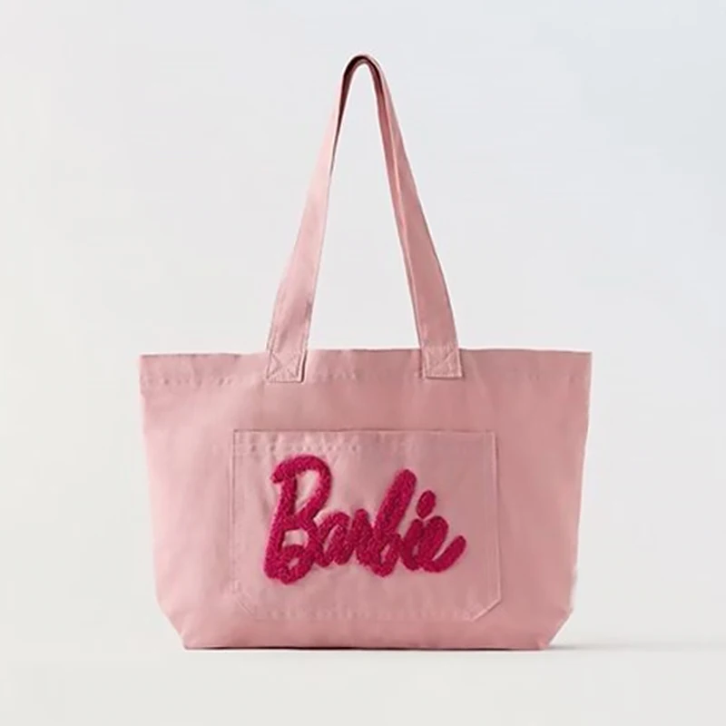 Miniso Barbie Handbag for Women Plush Embroider Design Print Letter Travel Tote Bag Anime Fashion Large Capacity Shoulder Bags