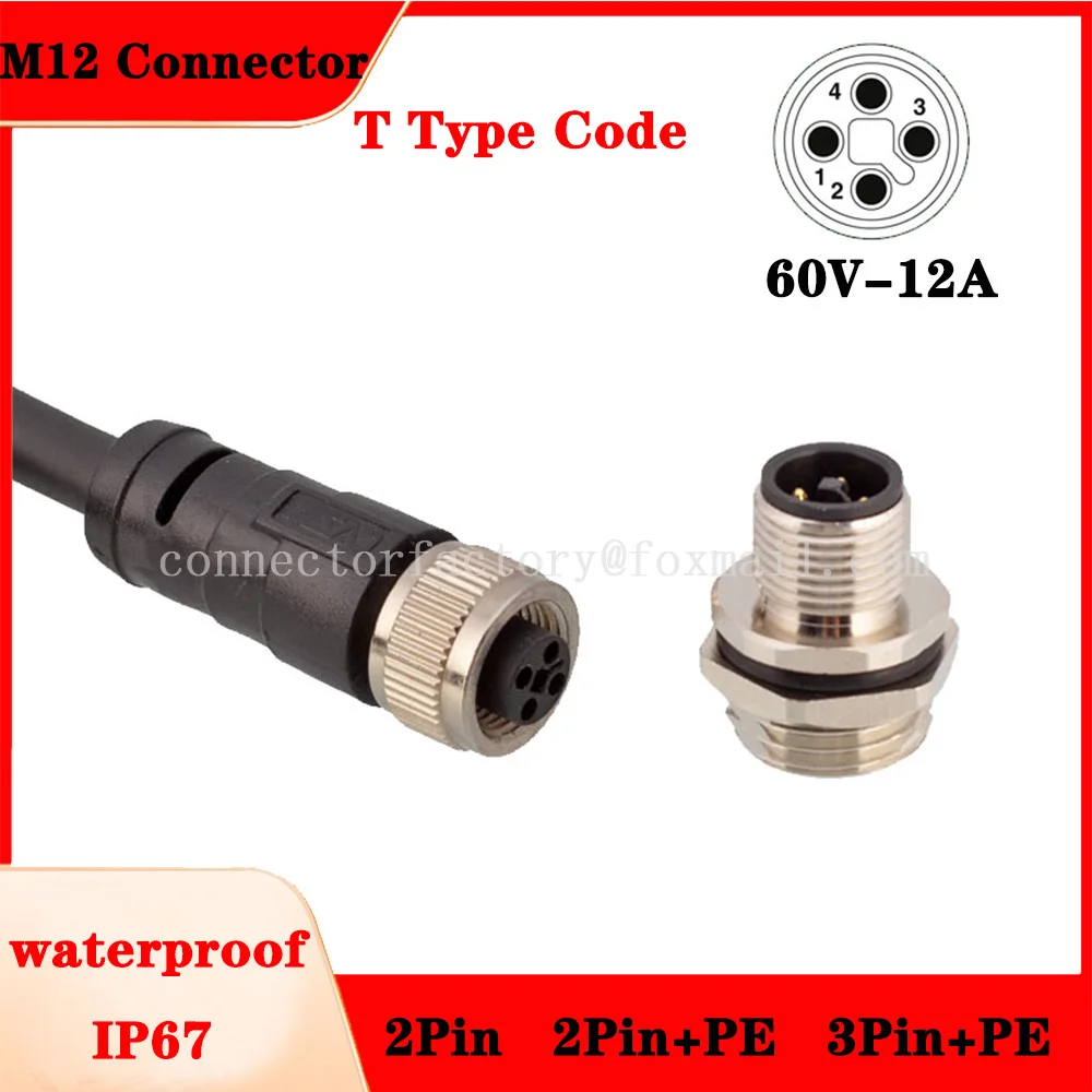 

M12 T Type Code Male Female Plug Socket 2 3 4 -Core Strip 2m Wire Waterproof Connector Front Back Installation Opening 16mm