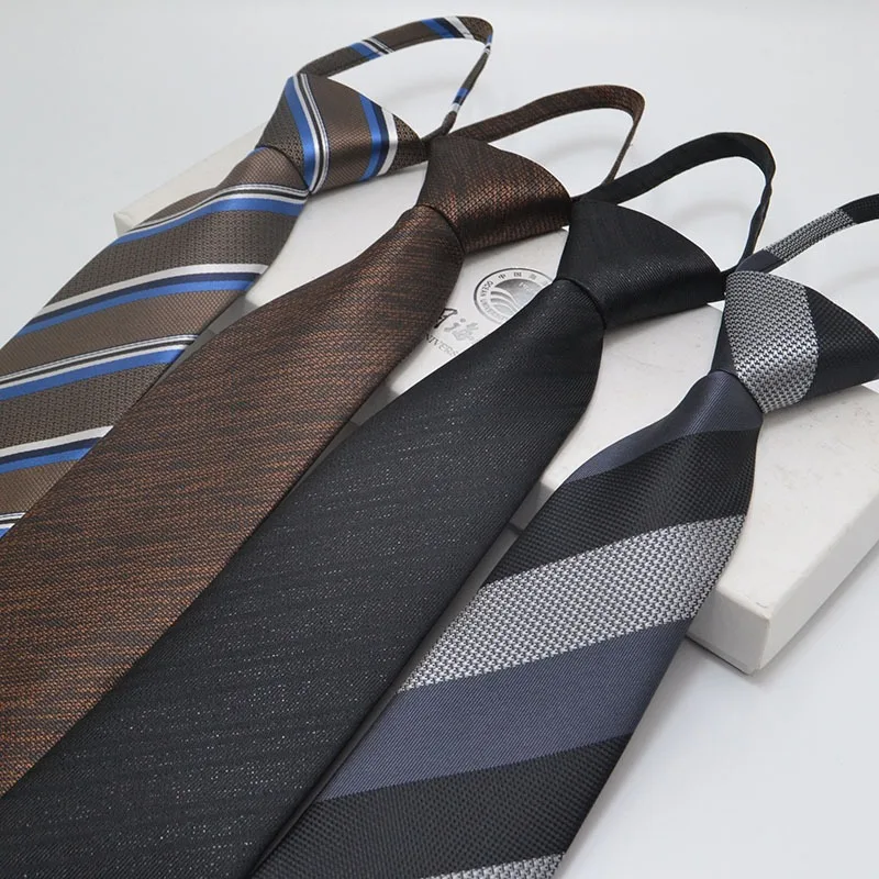 2026 New Trendy Free Knot Neck Ties Fashion Striped Brown Clip Tie Lazy Ties For Men 48*8CM Polyester Woven Neckties Wedding Tie