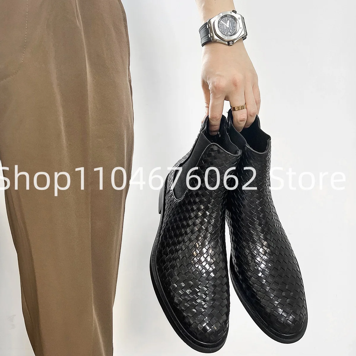 

2025 Designer New Large Size Male Shoes Men's Ankle Boots Toe Low Heel Thin Soles Braided Elastic Retro Men Short Bootines