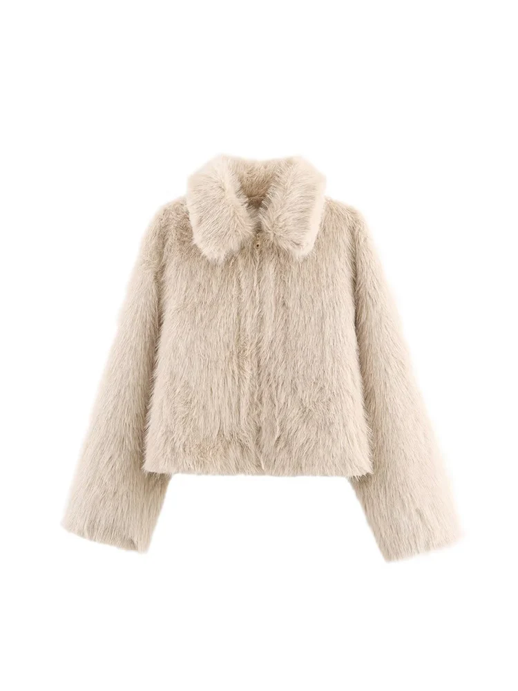 

European style new women's fashionable and versatile elegant lapel zipper double-sided faux fur effect jacket.